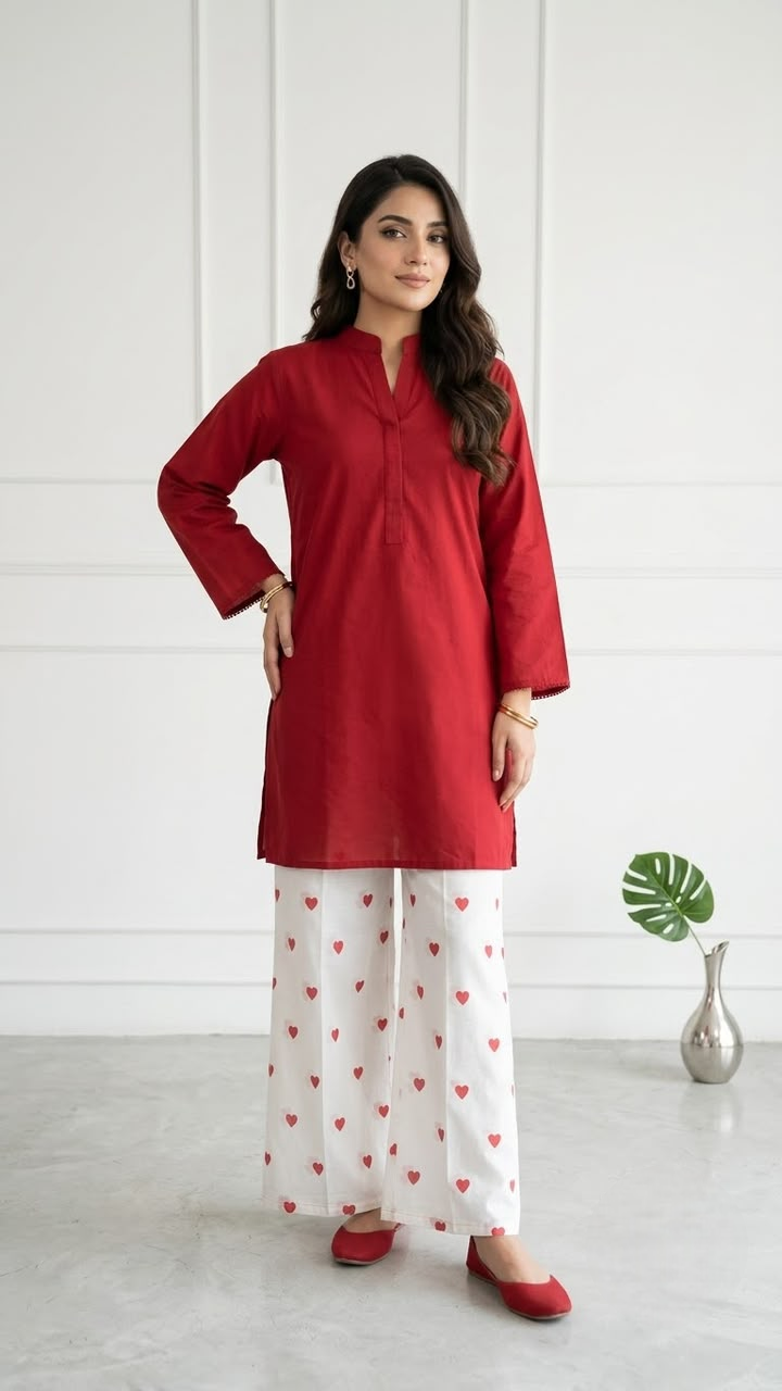 2PC Lawn Cotton Steam Printed Viral Heart Printed (Red)