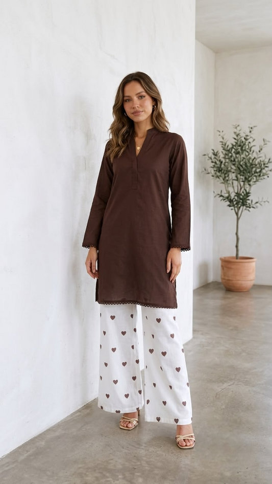 2PC Lawn Cotton Steam Printed Viral Heart Printed (Brown)