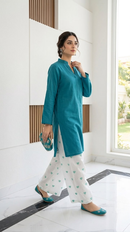 2PC Lawn Cotton Steam Printed Viral Heart Printed (Sea Green)