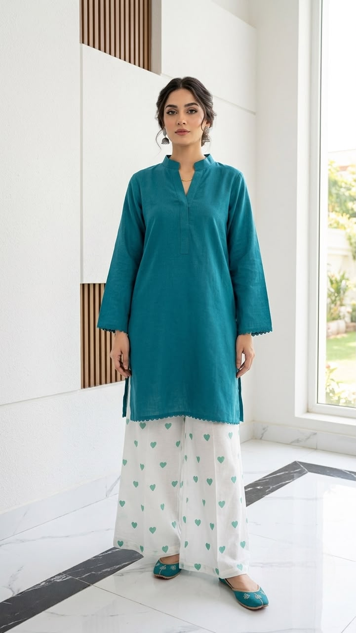 2PC Lawn Cotton Steam Printed Viral Heart Printed (Sea Green)