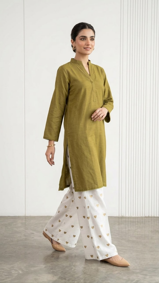 2PC Lawn Cotton Steam Printed Viral Heart Printed (Olive Green)