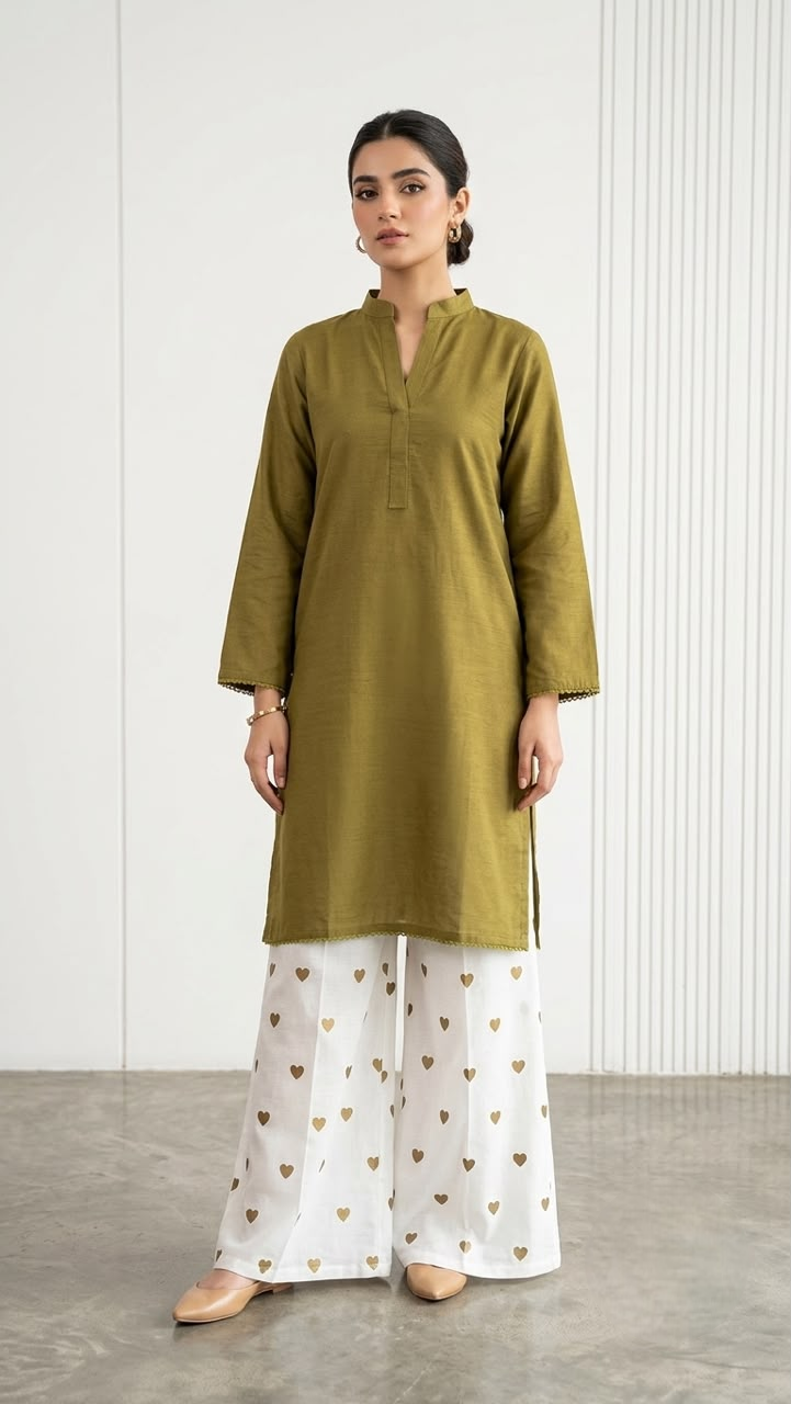 2PC Lawn Cotton Steam Printed Viral Heart Printed (Olive Green)