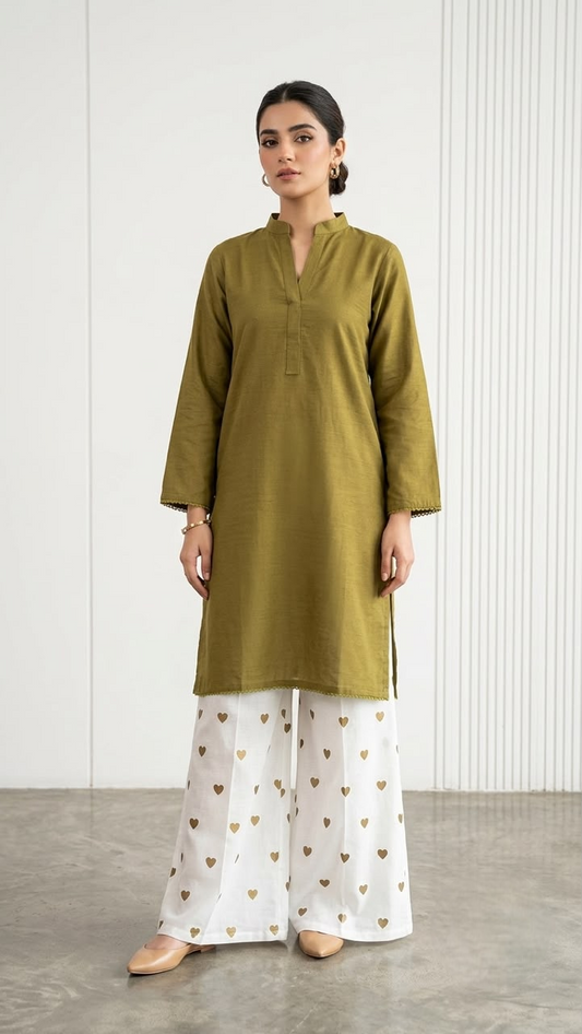 2PC Lawn Cotton Steam Printed Viral Heart Printed (Olive Green)