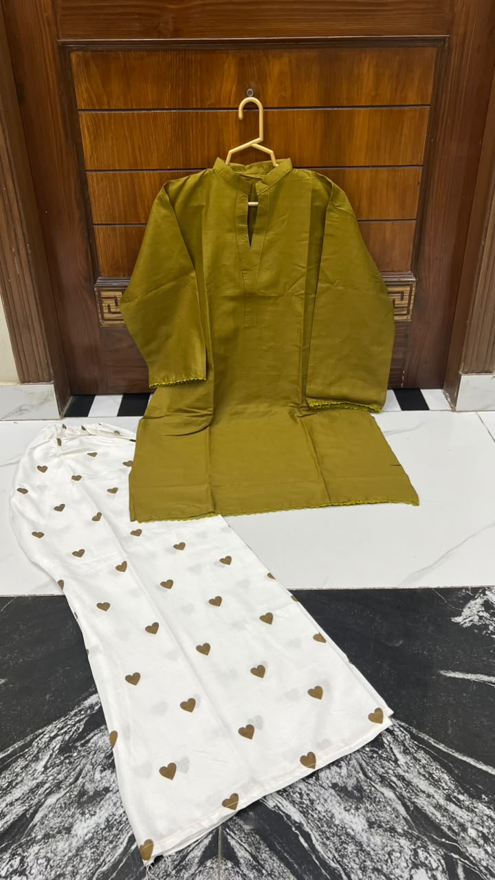 2PC Lawn Cotton Steam Printed Viral Heart Printed (Olive Green)
