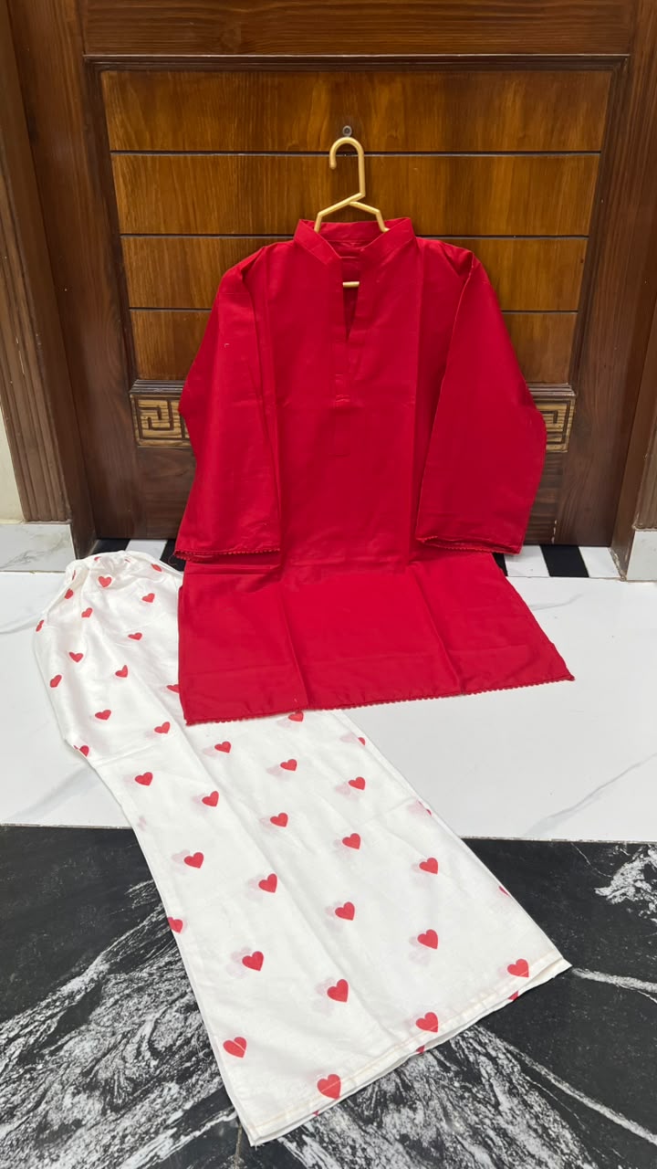 2PC Lawn Cotton Steam Printed Viral Heart Printed (Red)