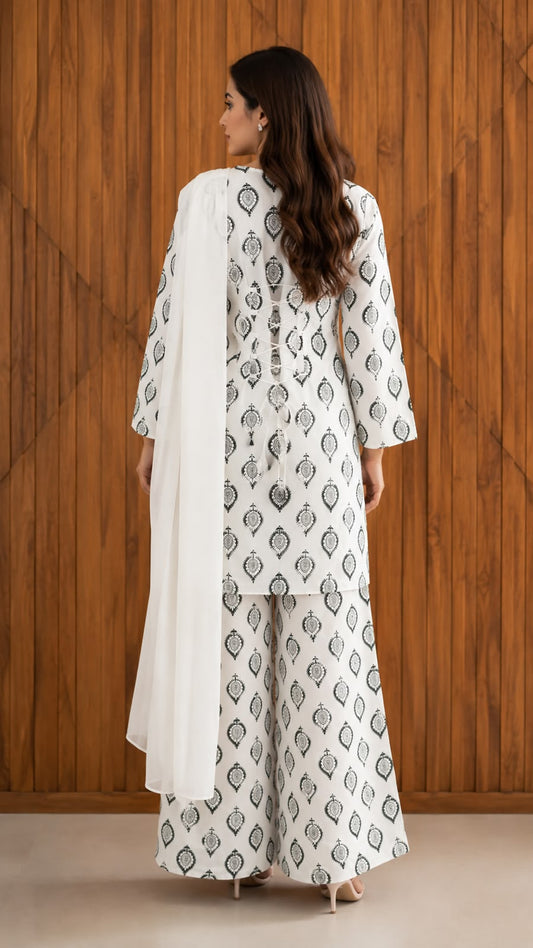3 Pcs Women's Stitched Cotton Lawn Printed Suit with Chiffon Dupatta & Back Straps (White)