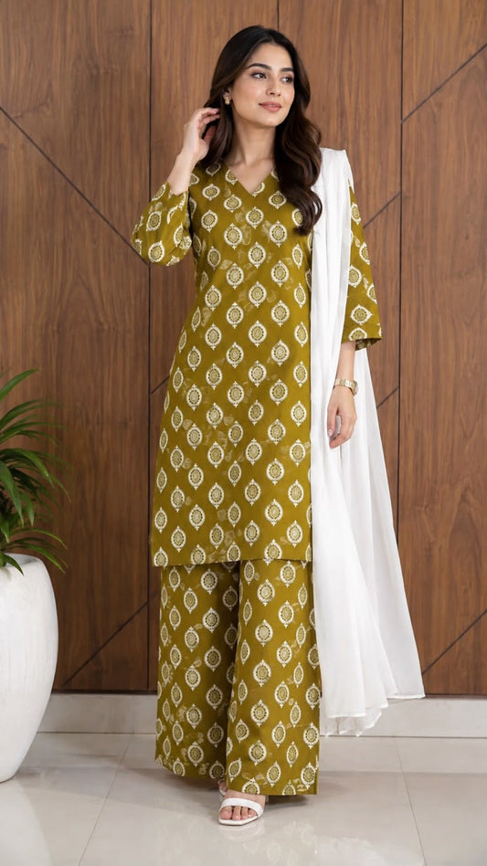 3 Pcs Women's Stitched Cotton Lawn Printed Suit with Chiffon Dupatta & Back Straps (Olive)