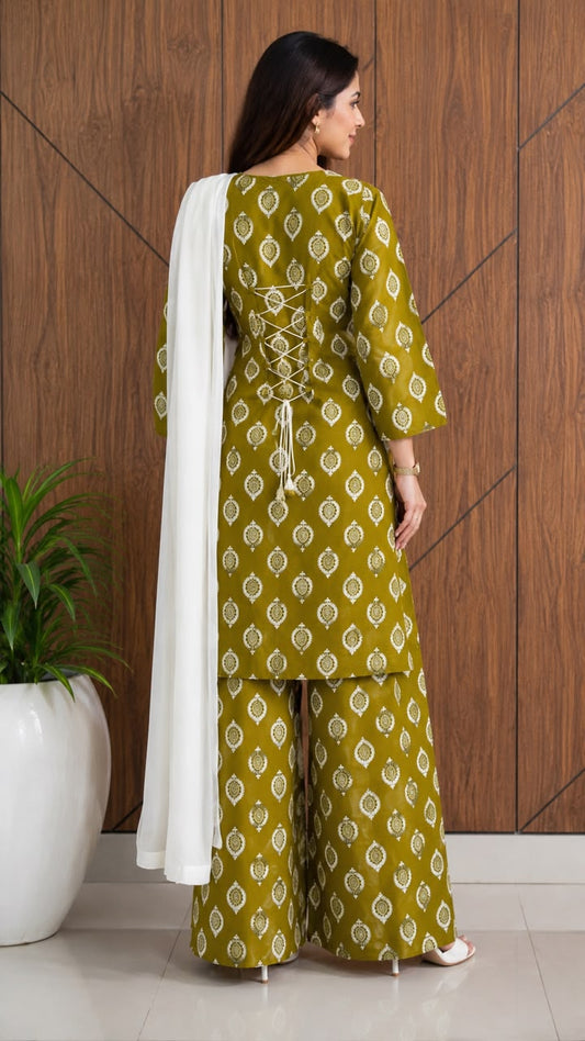 3 Pcs Women's Stitched Cotton Lawn Printed Suit with Chiffon Dupatta & Back Straps (Olive)