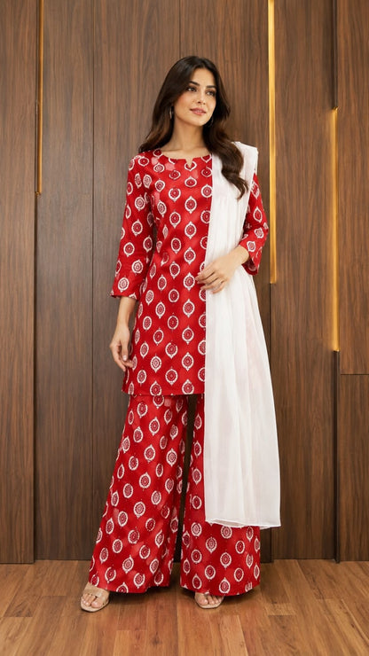 3 Pcs Women's Stitched Cotton Lawn Printed Suit with Chiffon Dupatta & Back Straps (Red)