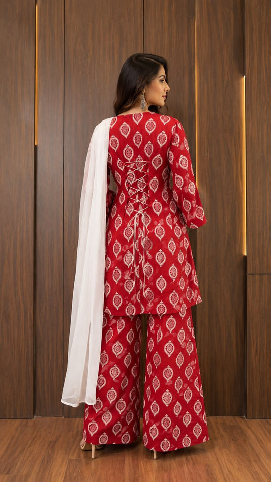 3 Pcs Women's Stitched Cotton Lawn Printed Suit with Chiffon Dupatta & Back Straps (Red)