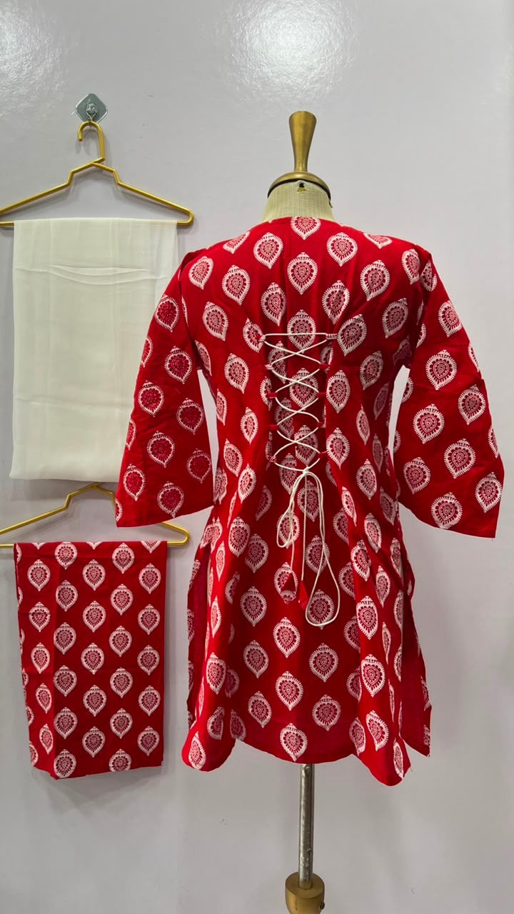 3 Pcs Women's Stitched Cotton Lawn Printed Suit with Chiffon Dupatta & Back Straps (Red)