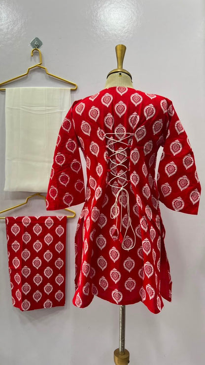 3 Pcs Women's Stitched Cotton Lawn Printed Suit with Chiffon Dupatta & Back Straps (Red)