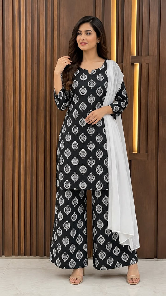 3 Pcs Women's Stitched Cotton Lawn Printed Suit with Chiffon Dupatta & Back Straps (Black)