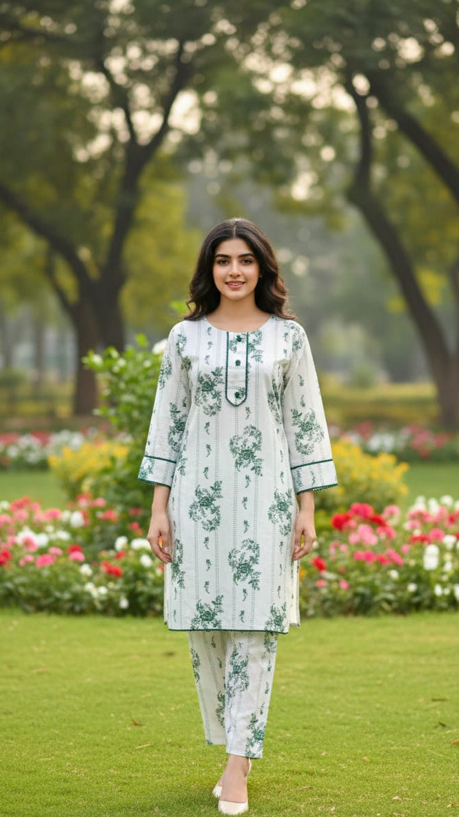 Ever Green SUMMER LINEN 2 PIECE  (Check Flower) (95)