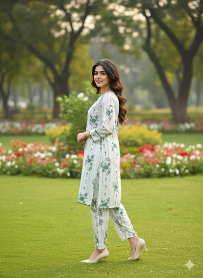 Ever Green SUMMER LINEN 2 PIECE  (Check Flower) (95)