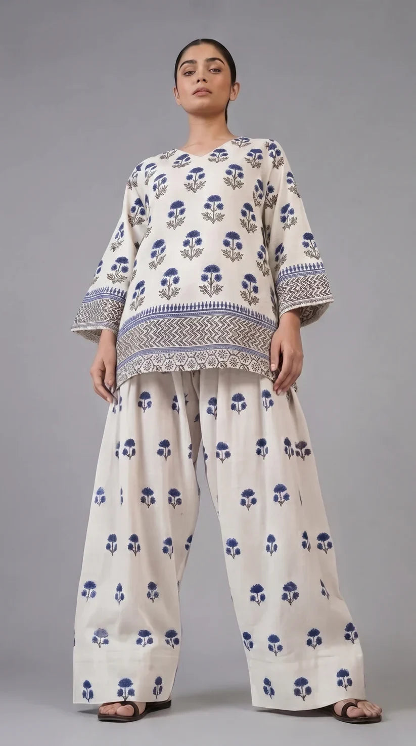 2 Pcs Women's Stitched Cotton Lawn Block Printed Shirt And Farshi Shalwar