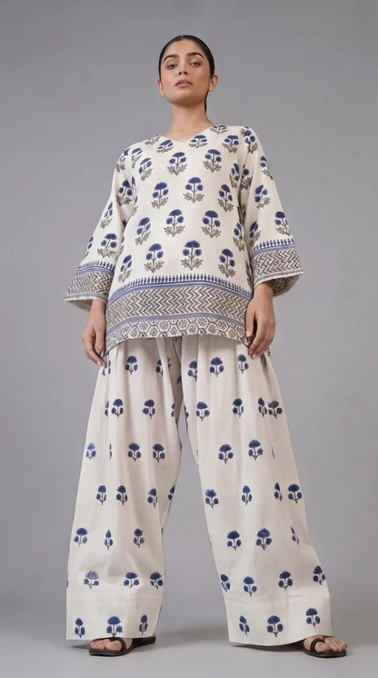 2 Pcs Women's Stitched Cotton Lawn Block Printed Shirt And Farshi Shalwar
