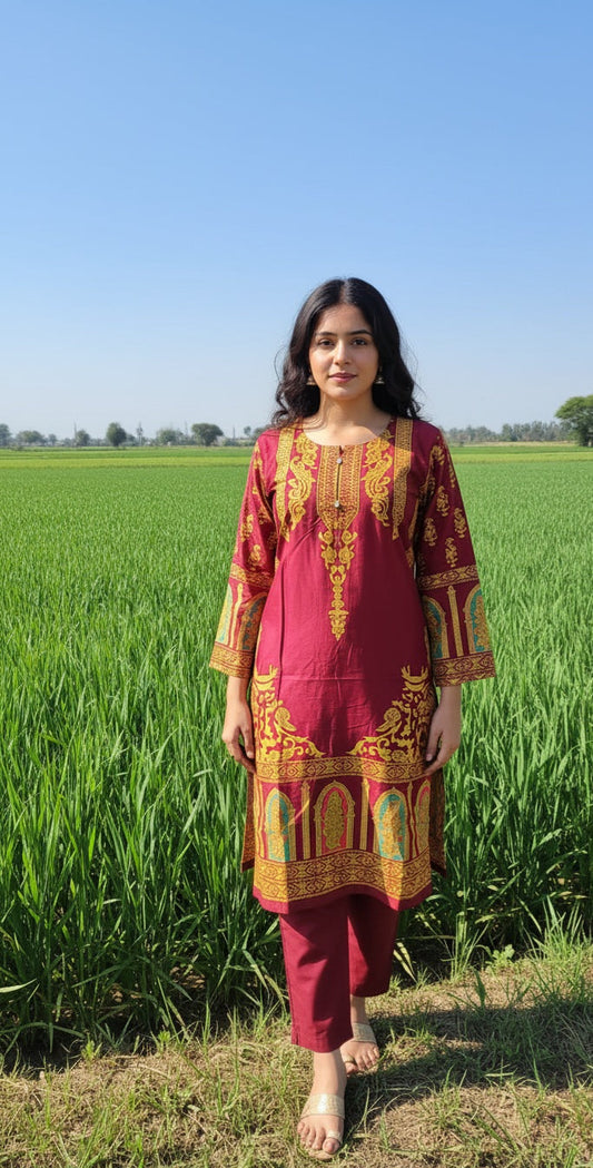 Classy Summer Arabic Lenan 2-Piece Suit (Mehroon) (67)